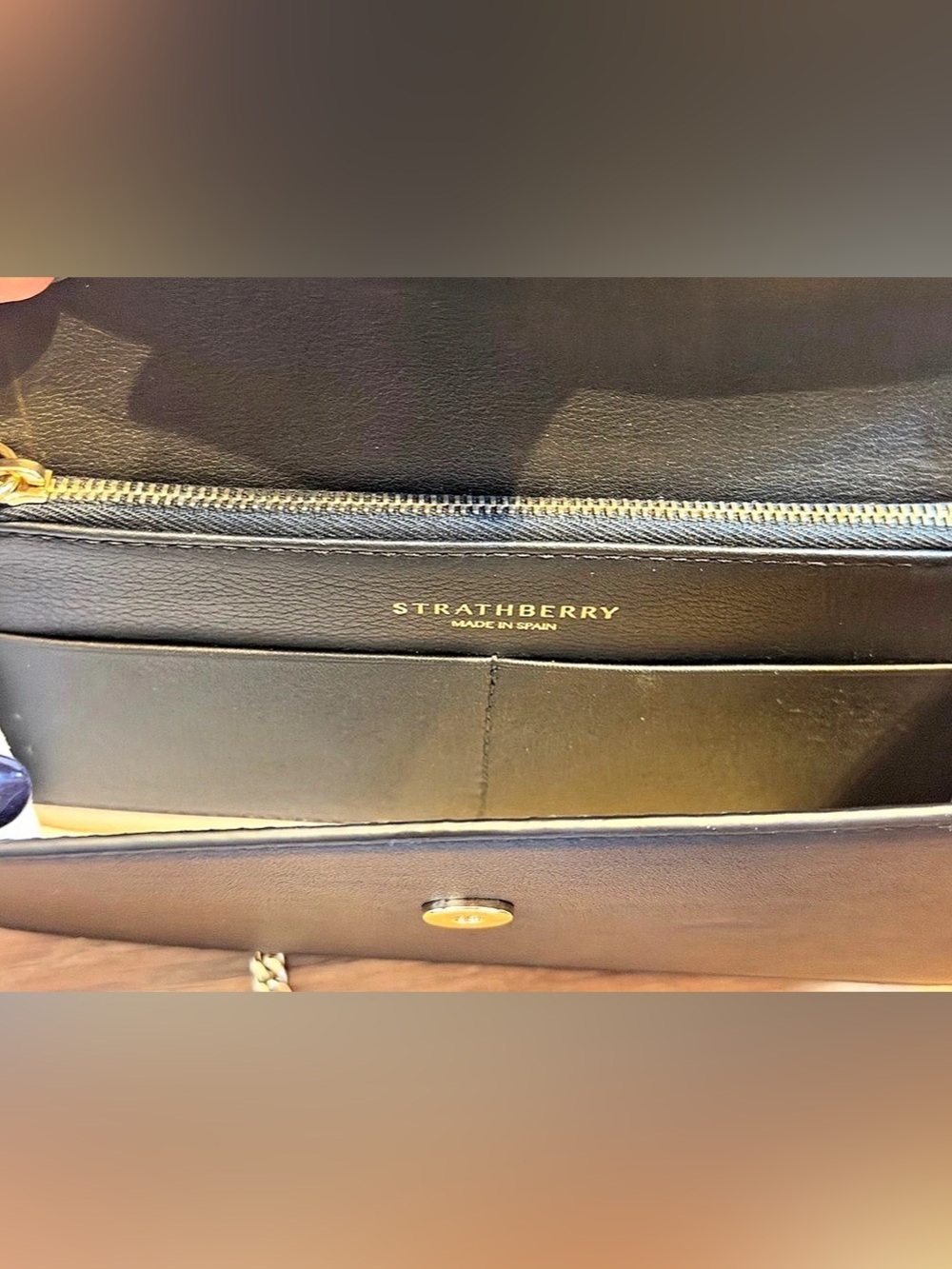Strathberry crescent on a chain Handbag Black Clutch Crossbody with Gold Accent - Picture 6 of 8